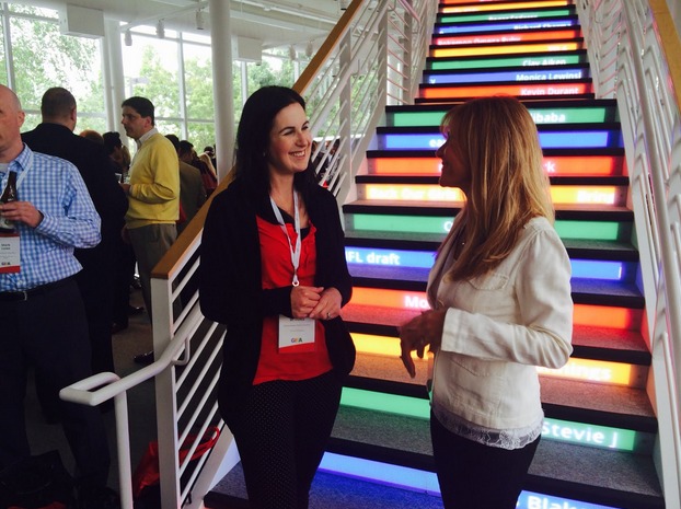 DreamMaker marketing chief Jamie Brooks attends a summit at Google HQ in Mountain View, California. Each step in the staircase features a topic trending in Google searches.