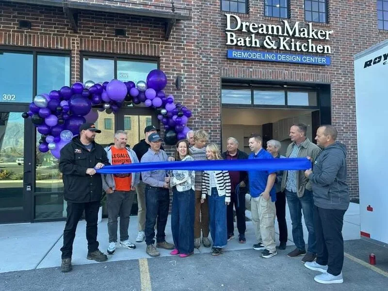 Grand opening ribbon cutting outside the DreamMaker Bath & Kitchen of Utah Valley Design Center